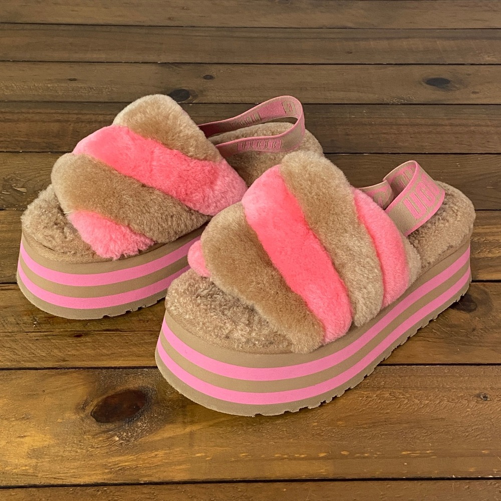 UGG Disco Stripe Chestnut & Pink Rose Platform Slide Sandals 1113428 Womens 7